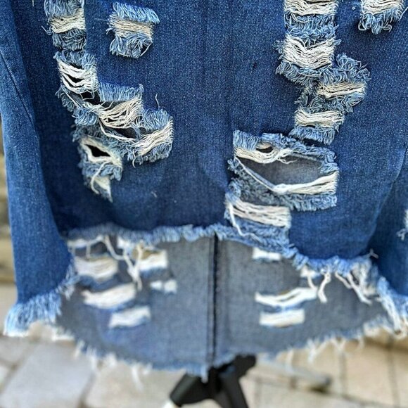 THRILL Denim Embroidered Distressed High-Low Mini Dress Size L - Picture 9 of 11